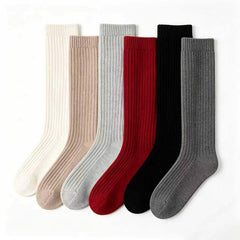 Solid-color plain-knit cashmere mid-calf socks with stretch