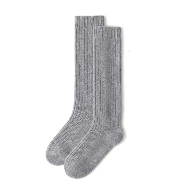 Solid-color plain-knit cashmere mid-calf socks with stretch