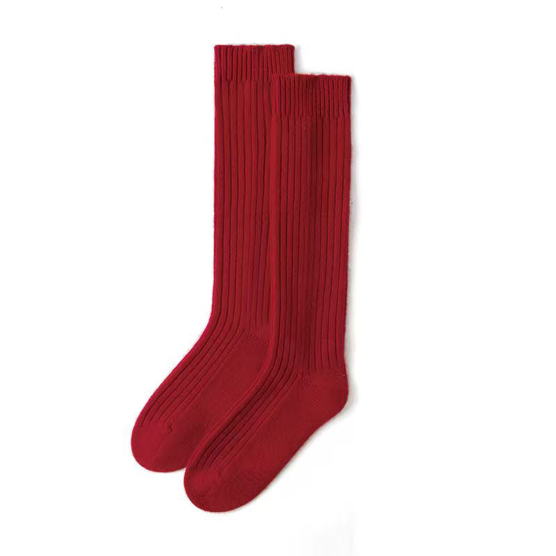 Solid-color plain-knit cashmere mid-calf socks with stretch