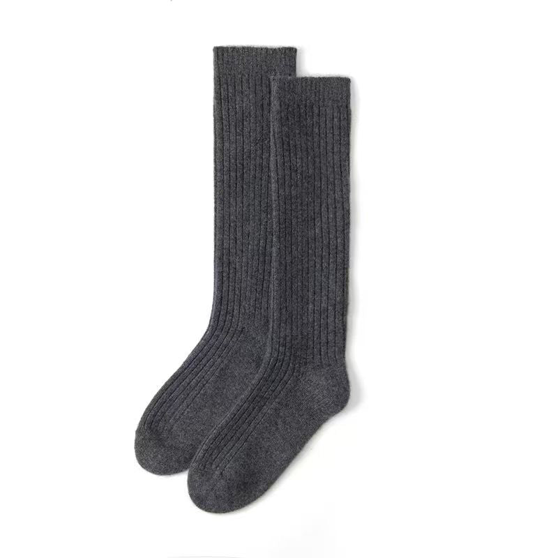 Solid-color plain-knit cashmere mid-calf socks with stretch